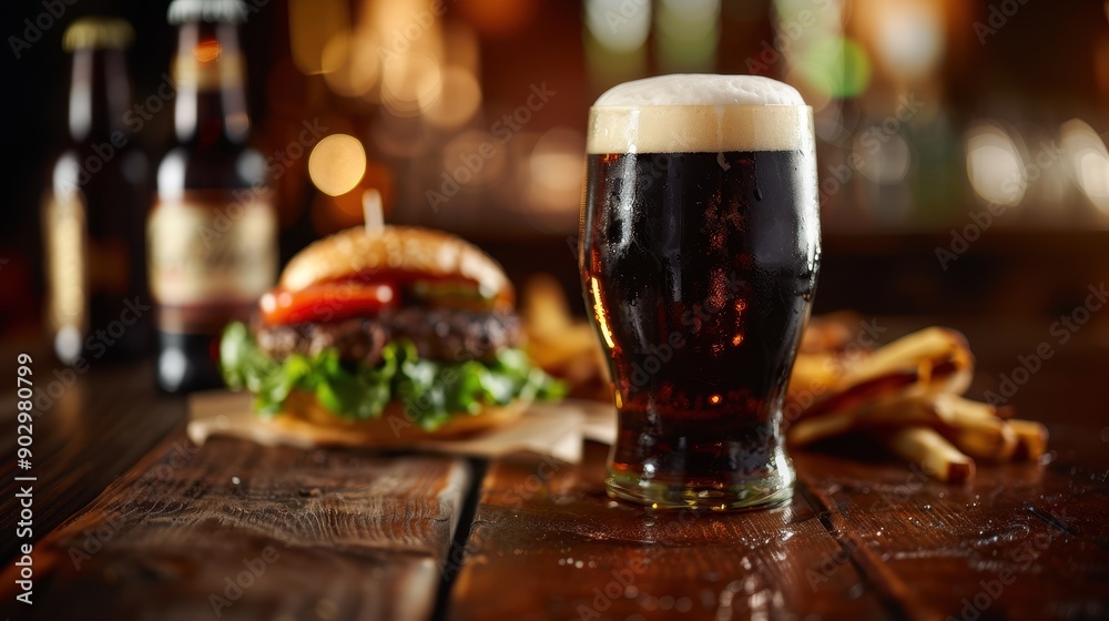 Glass of dark beer with thick foam, on wooden table next to juicy burger, fries, and beer bottles in the background.