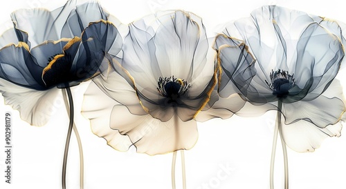 The set of three abstract alcohol ink wall art panels features translucent flowers and golden accents