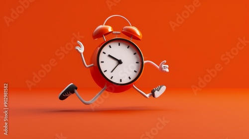 Orange alarm clock on vibrant background, active lifestyle, running away time concepts