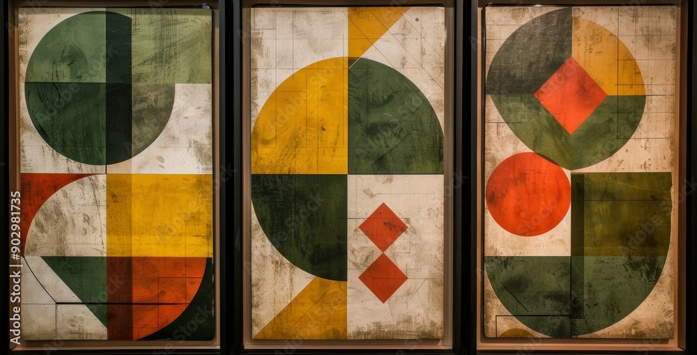 Fototapeta premium Green, orange, and yellow circles and rectangles make up a set of three abstract geometric wall art panels
