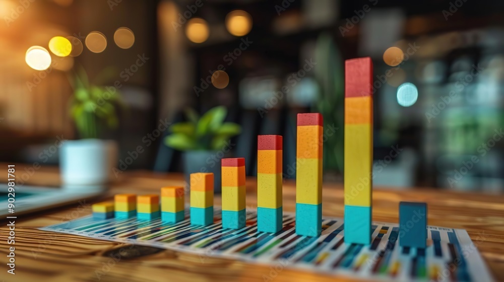 Colorful Wooden Bar Graph Illustration on Wooden Desk Colorful Wooden Bar Graph Illustration on Wooden Desk