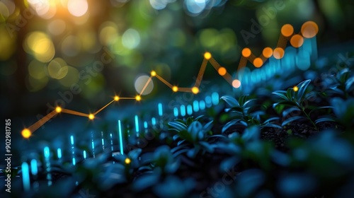 Abstract Background of Green Plants with a Line Graph and Blue Lights