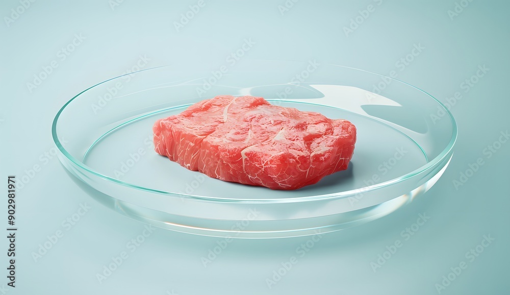 A piece of pink meat in an empty petri dish on a light blue background. It is a 3D rendering with studio lighting that casts soft shadows under the glass plate. A piece of pink meat in an empty petri dish on a light blue background. It is a 3D rendering with studio lighting that casts soft shadows under the glass plate.