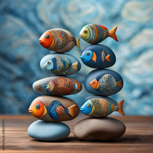 A stack of rocks with fish painted on them
