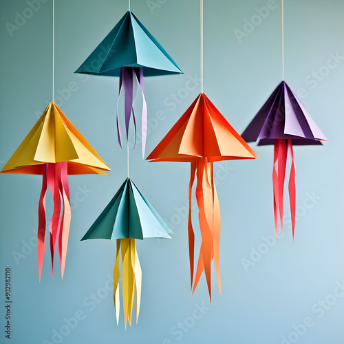 A group of colorful paper kites hanging from strings