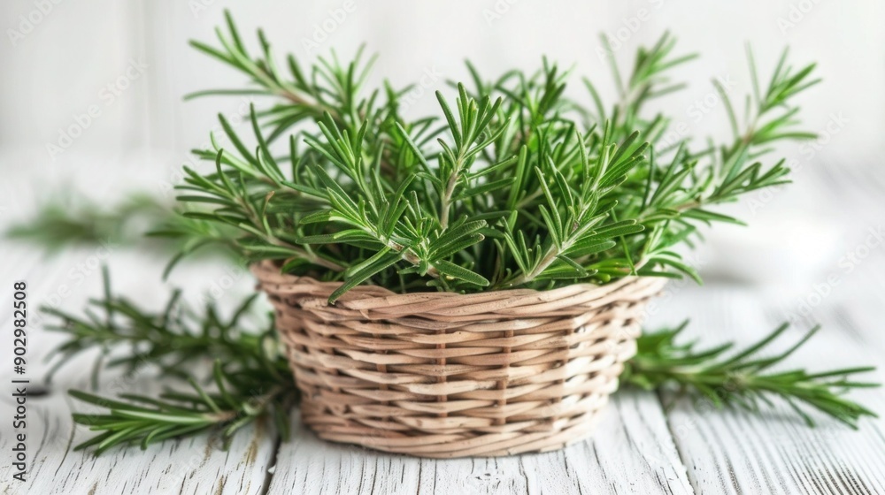 Green infusion of rosemary a small basket with branches of medicinal trees on a white wooden table