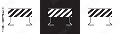 Icons of roadblocks and pedestrian barriers, road closures, visibility barriers flat, blocking traffic. Roadblock and road repair safety sign, traffic barrier isolated on black white and transparent.