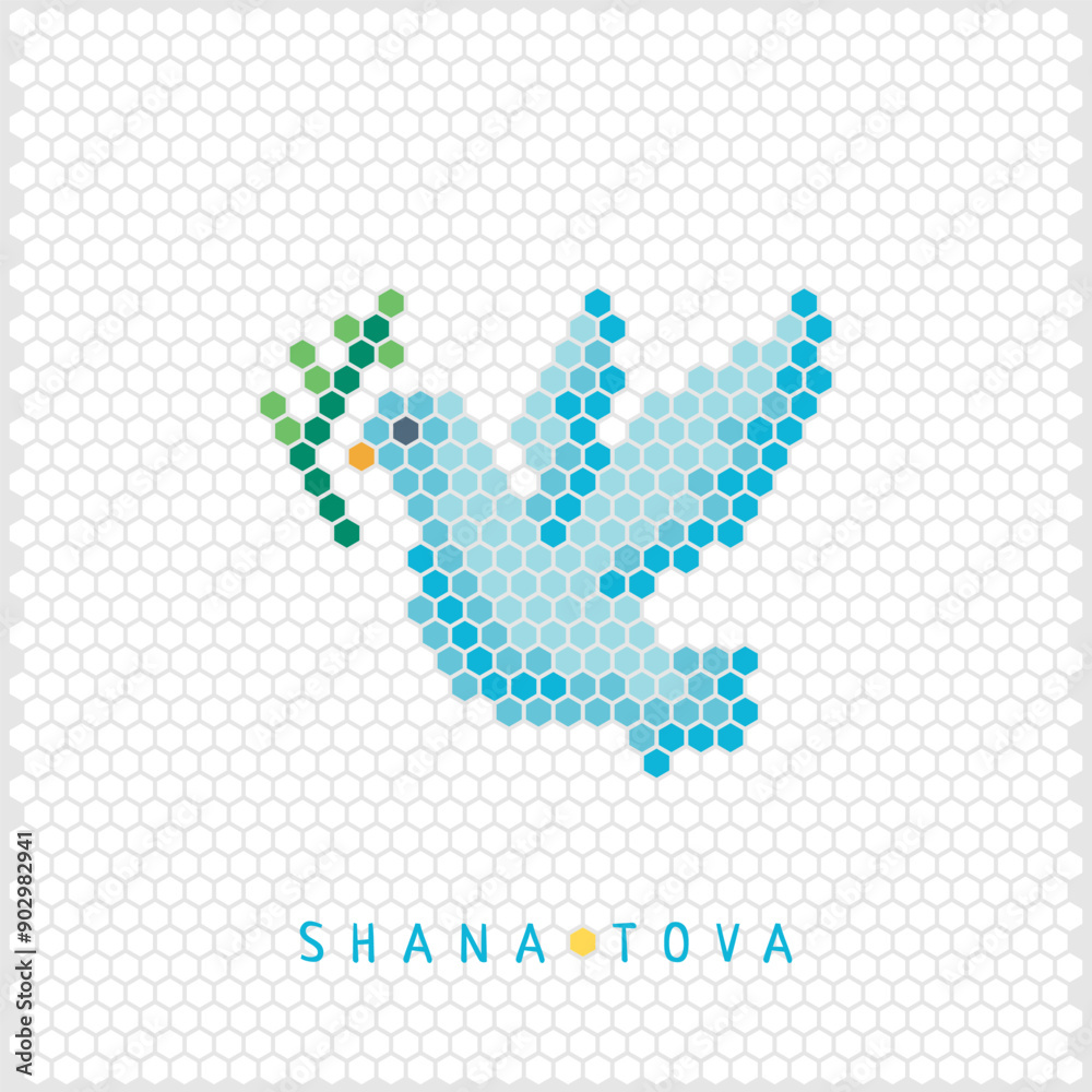Dove icon shaped honeycomb. Flat design for greeting card, invitation, poster, web, sticker and t-shirt. Jewish new year holiday Rosh Hashanah Vector illustration. Shana tova text Dove icon shaped honeycomb. Flat design for greeting card, invitation, poster, web, sticker and t-shirt. Jewish new year holiday Rosh Hashanah Vector illustration. Shana tova text