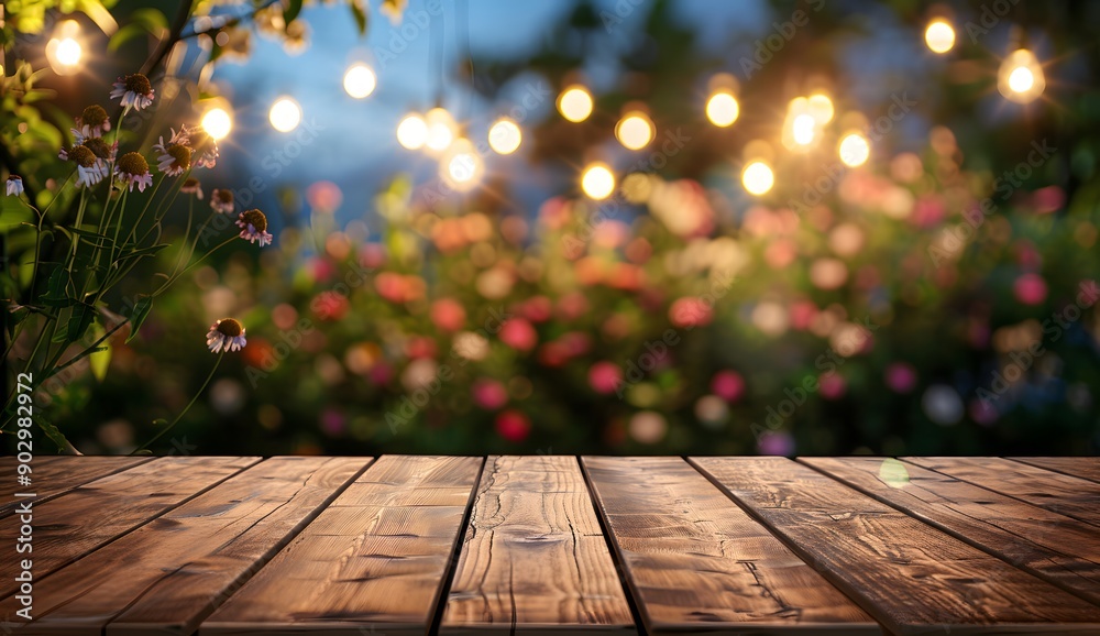 Empty wooden table with blurred background of garden at night, string lights and flowers in the foreground, for product display montage or design concept. Empty wooden table with blurred background of garden at night, string lights and flowers in the foreground, for product display montage or design concept.