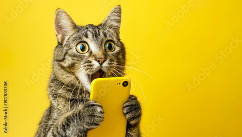 Cute cat shocked hold in hands use mobile cell phone isolated on yellow color background. Funny shopping concept, little kitten holds phone surprised
