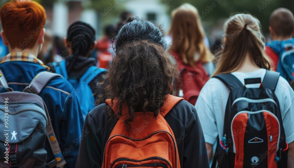 Group of Teenagers Entering School or University with Backpacks Group of Teenagers Entering School or University with Backpacks
