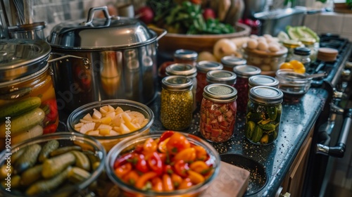 Autumn Canning Session With Colorful Vegetables and Preserving Jars in Cozy Kitchen