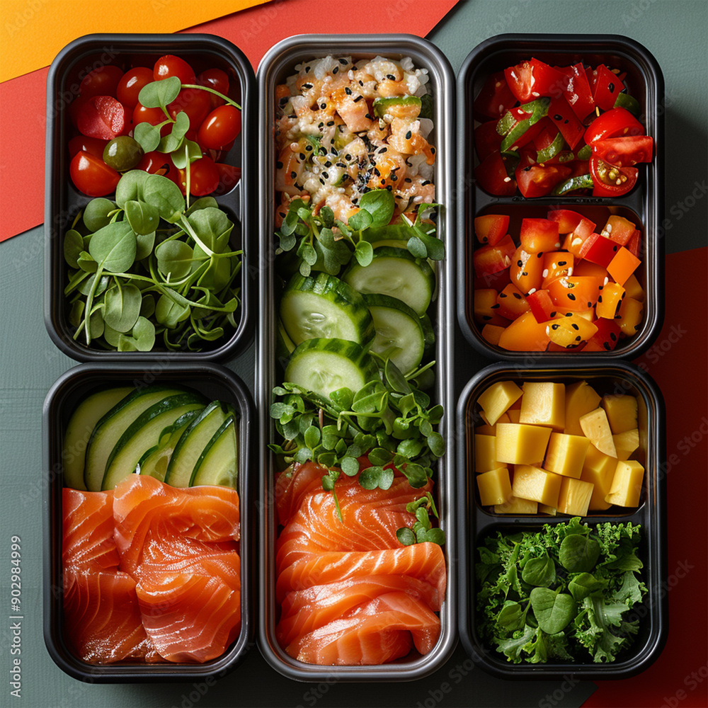 Lunchboxes with nutritious food displayed against a vivid paper backdrop. A concept for healthy eating in the workplace. Made with generative ai
Lunchboxes with nutritious food displayed against a vivid paper backdrop. A concept for healthy eating in the workplace. Made with generative ai