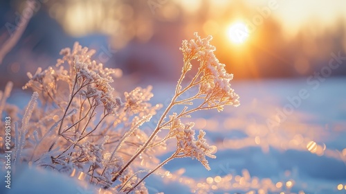 A beautiful winter scene with a frozen river and a tree in the background. The sun is setting, casting a warm glow on the water. The snow-covered ground and the frozen river create a serene