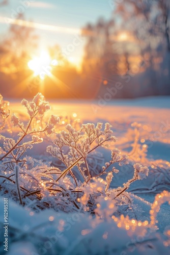 A beautiful winter scene with a frozen river and a tree in the background. The sun is setting, casting a warm glow on the water. The snow-covered ground and the frozen river create a serene