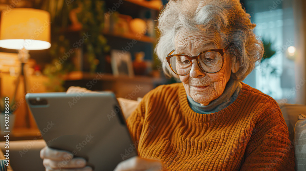 Happy Elderly Caucasian Woman Video Calling Family on Tablet in Cozy Living Room Setting Happy Elderly Caucasian Woman Video Calling Family on Tablet in Cozy Living Room Setting