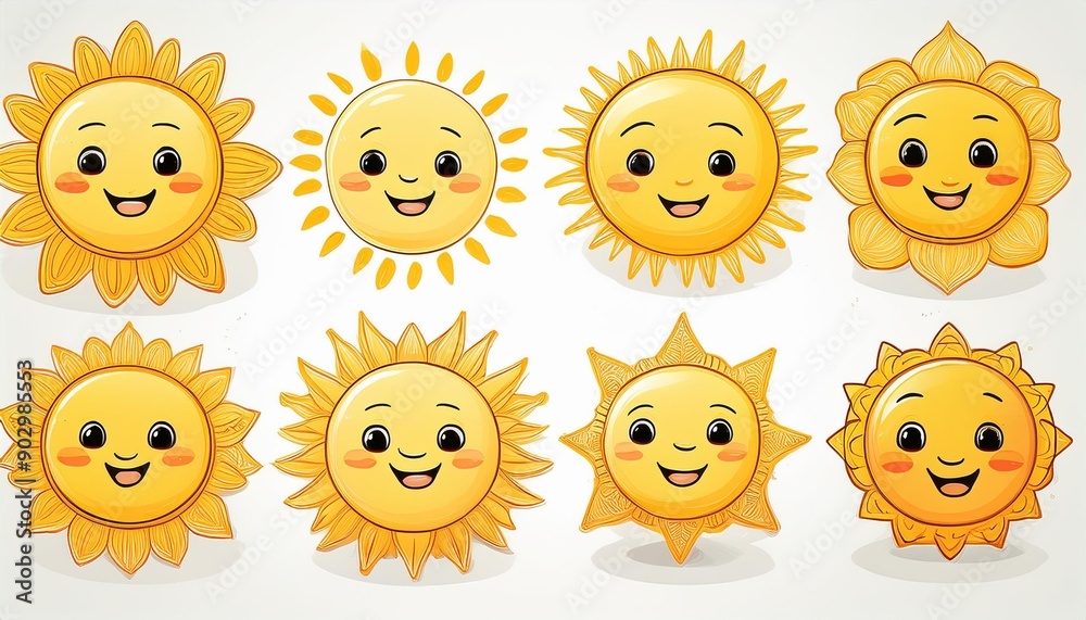 Cute Sun vector illustration set. Sun with different rays and emotions. Children's flat illustration. Sunshine clip art graphics Hand-drawn Digital Illustrations. White isolated background. Cute Sun vector illustration set. Sun with different rays and emotions. Children's flat illustration. Sunshine clip art graphics Hand-drawn Digital Illustrations. White isolated background.