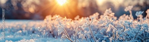 A beautiful winter scene with a frozen river and a tree in the background. The sun is setting, casting a warm glow on the water. The snow-covered ground and the frozen river create a serene