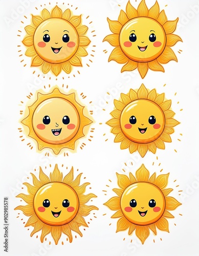 Cute Sun vector illustration set. Sun with different rays and emotions. Children's flat illustration. Sunshine clip art graphics Hand-drawn Digital Illustrations. White isolated background.