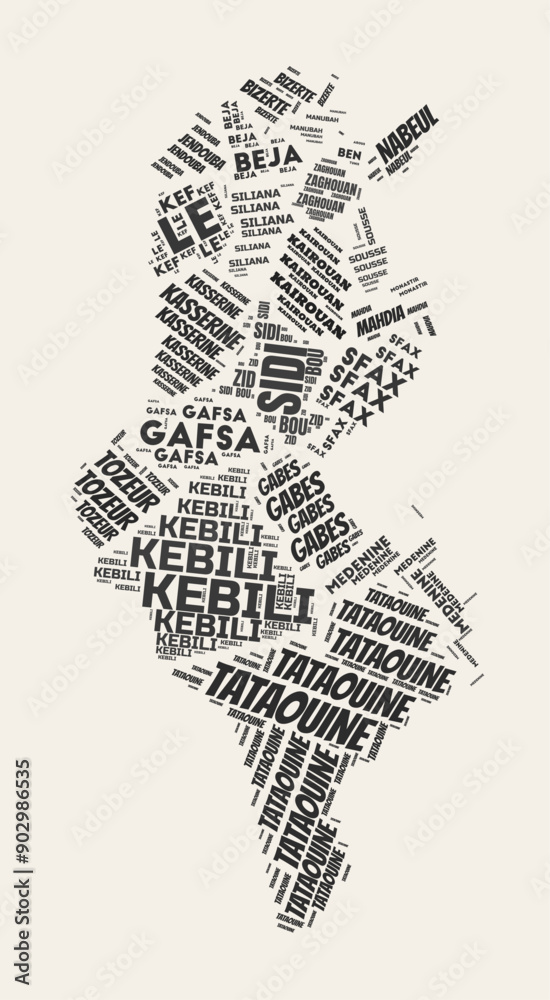 Fototapeta premium Tunisia Word Cloud. Country with regions division. Tunisia typographic text clouds vector image design. Vintage gazette style country shape image. Elegant vector illustration.