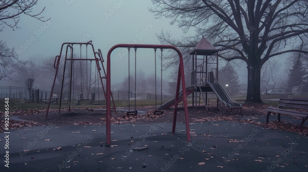 Abandoned playground under a dreary gray sky, with empty swings and slides creating a melancholic scene. Abandoned playground under a dreary gray sky, with empty swings and slides creating a melancholic scene.