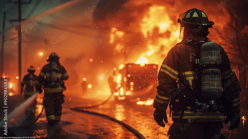 Firefighters battling blaze with intense flames Firefighters battling blaze with intense flames