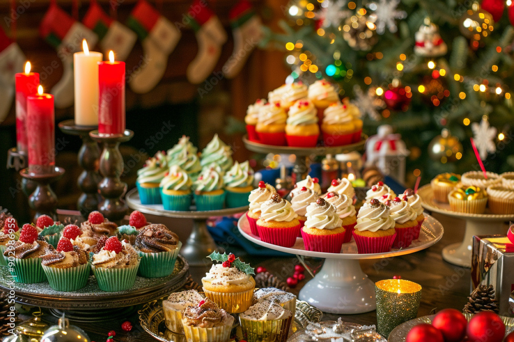 Festive holiday table featuring a variety of desserts, including cupcakes in bright, colorful liners, surrounded by holiday decorations such as candles, ornaments, and a beautifully decorated Christma Festive holiday table featuring a variety of desserts, including cupcakes in bright, colorful liners, surrounded by holiday decorations such as candles, ornaments, and a beautifully decorated Christma