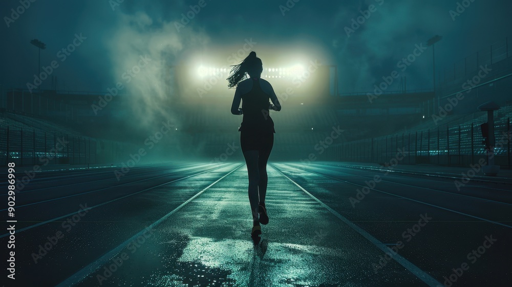 A woman running on a track in the rain. The image has a moody and dramatic feel to it, as the rain adds a sense of intensity and urgency to the scene A woman running on a track in the rain. The image has a moody and dramatic feel to it, as the rain adds a sense of intensity and urgency to the scene