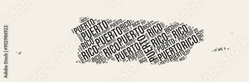 Puerto Rico Word Cloud. Country with regions division. Puerto Rico typographic text clouds vector image design. Vintage gazette style country shape image. Classy vector illustration.