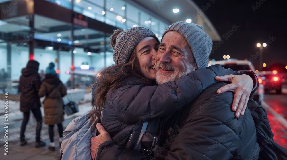 retrouvailles d'une jeune fille avec sa famille de retour de voyage à l'aéroport