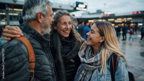 retrouvailles d'une jeune fille avec sa famille de retour de voyage à l'aéroport