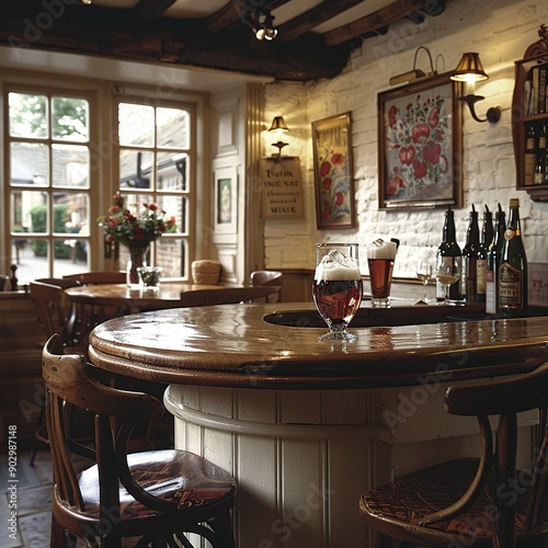 Traditional Pub Interior with Wooden Bar and Beer photo