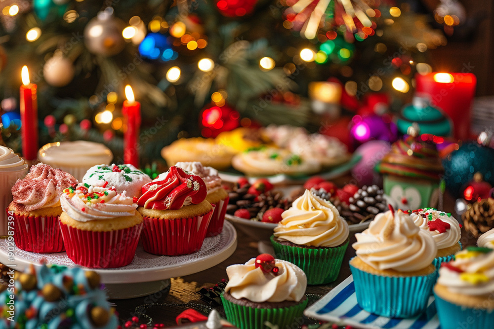 Festive holiday table featuring a variety of desserts, including cupcakes in bright, colorful liners, surrounded by holiday decorations such as candles, ornaments, and a beautifully decorated Christma Festive holiday table featuring a variety of desserts, including cupcakes in bright, colorful liners, surrounded by holiday decorations such as candles, ornaments, and a beautifully decorated Christma