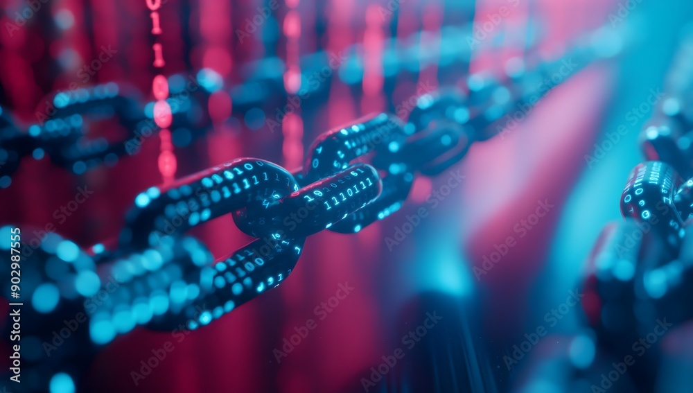 Futuristic digital chain with binary code background, blue and red colors, highly detailed, sharp focus, Futuristic digital chain with binary code background, blue and red colors, highly detailed, sharp focus,