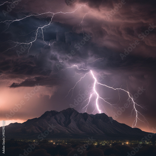 Obraz na płótnie A Dramatic Image Of A Thunderstorm Over A Mountain Range With Lightning Illuminating The Dark Skies Landscape Photography w salonie