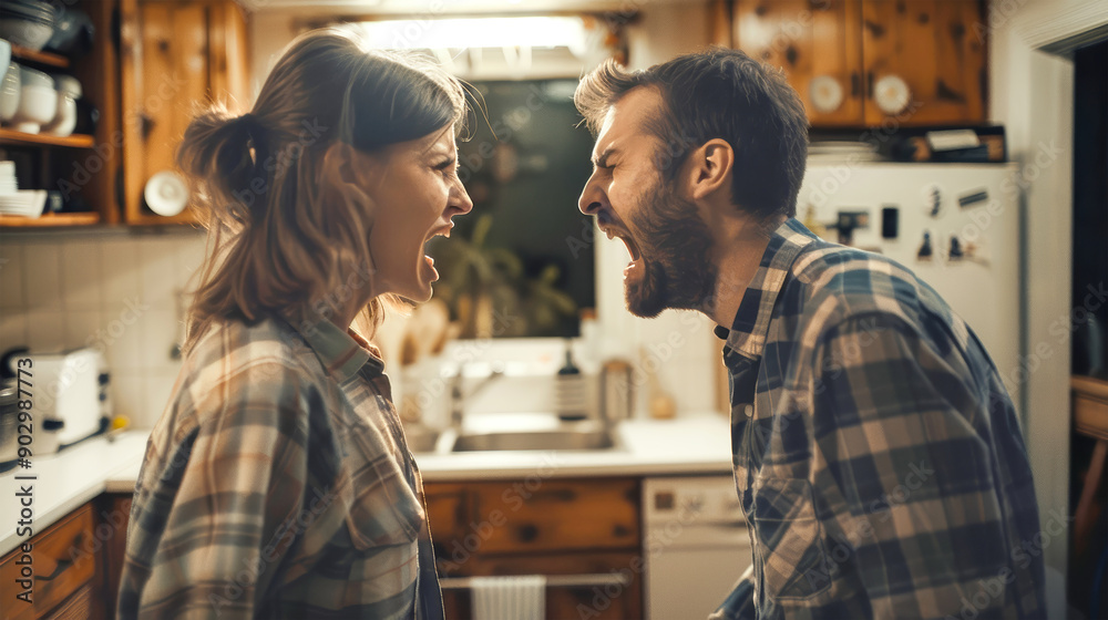Obraz premium A young couple faces off in their kitchen, passionately arguing as emotional tension fills the air, showcasing raw feelings and conflict
