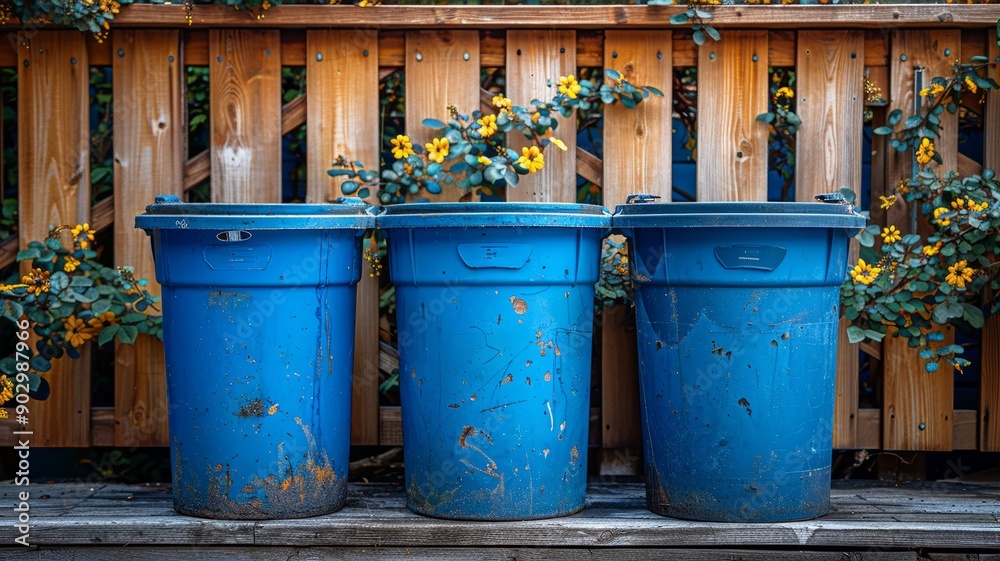 Naklejka premium Three Blue Trash Cans Against a Wooden Fence