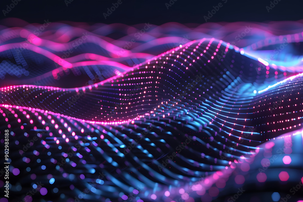 abstract background in the form of many dots and particles. waves of dots in purple blue neon colors abstract background in the form of many dots and particles. waves of dots in purple blue neon colors