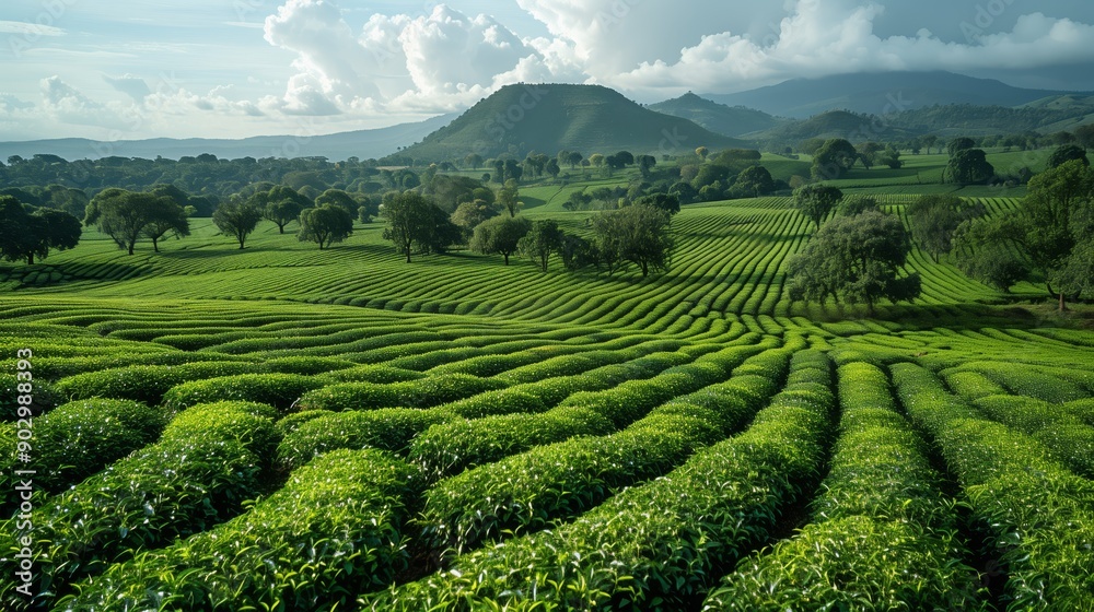 Verdant tea bushes thrive among various surrounding crops under a dramatic sky, highlighting the beauty of agricultural diversity.