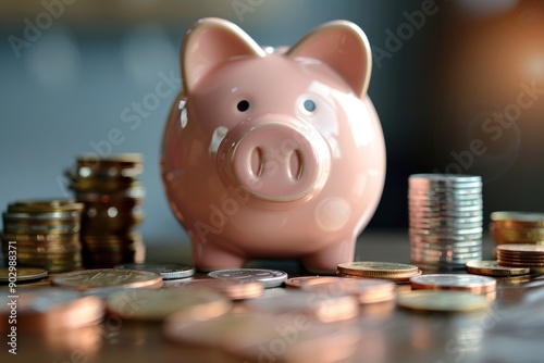 A cute pink piggy bank stands at the forefront, encircled by well-ordered stacks of coins. The background is kept simple, ensuring the focus remains on the central elements. The overall image conveys photo