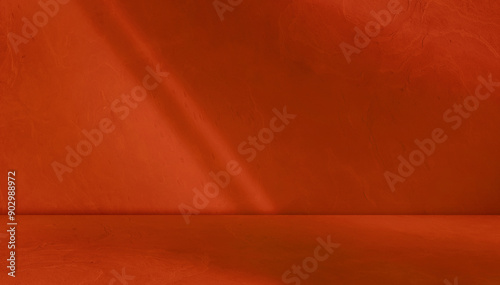 red background studio room with light beam from above for product display especially cosmetic or beauty products. floor and wall backdrop muslin design backdrop. stone surface texture podium.