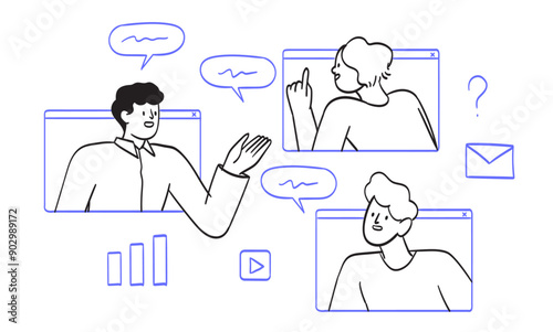Video conference call. Group of people talk with colleague, partners or team members through application. Online meeting or education webinar. Employees discuss project presentation and planning work.