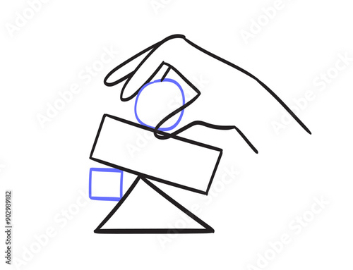 Hand organize abstract shapes in structure or system and analyse result. Concept of data and information analytics and order in doodle contemporary line drawing style. Vector illustration of pyramid.