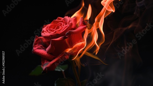 Fototapeta Naklejka Na Ścianę i Meble -  A red rose is surrounded by flames, creating a dramatic and intense scene