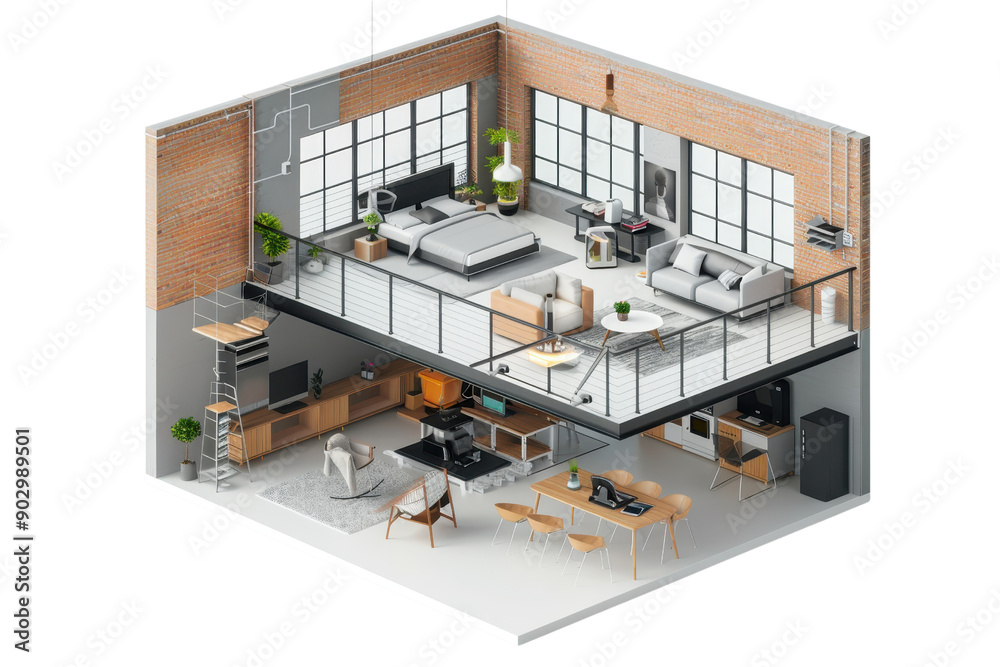 Modern loft apartment with open-concept living space, featuring stylish furniture, kitchen, dining area, and cozy bedroom on the upper level.
