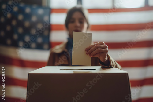 Close up shot of polling box standing on table in polling station. American female voter with kid on hands puts bulletin into box. Political races of US presidential candidates. National Election Day.