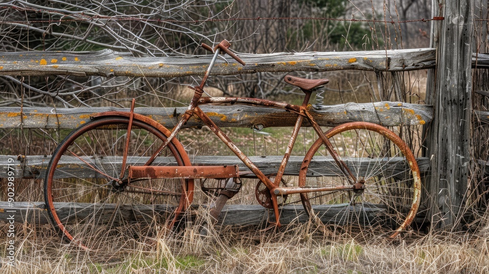 An old bicycle, rusted and forgotten, leaning against a decrepit fence, telling a story of the past. An old bicycle, rusted and forgotten, leaning against a decrepit fence, telling a story of the past.