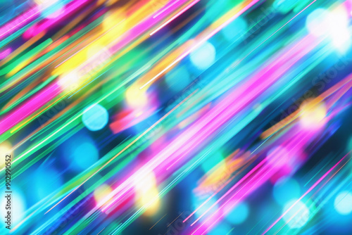 Abstract Background with Diagonal Neon Lines and Blurred Circles