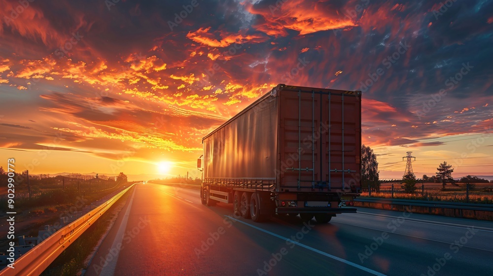 A truck travels down a highway during sunset, surrounded by striking clouds and a glowing horizon in the evening light A truck travels down a highway during sunset, surrounded by striking clouds and a glowing horizon in the evening light