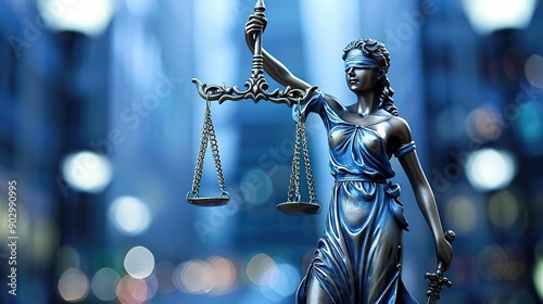 Lady Justice Statue with Scales of Justice in Blue City Lights Background - Realistic Image